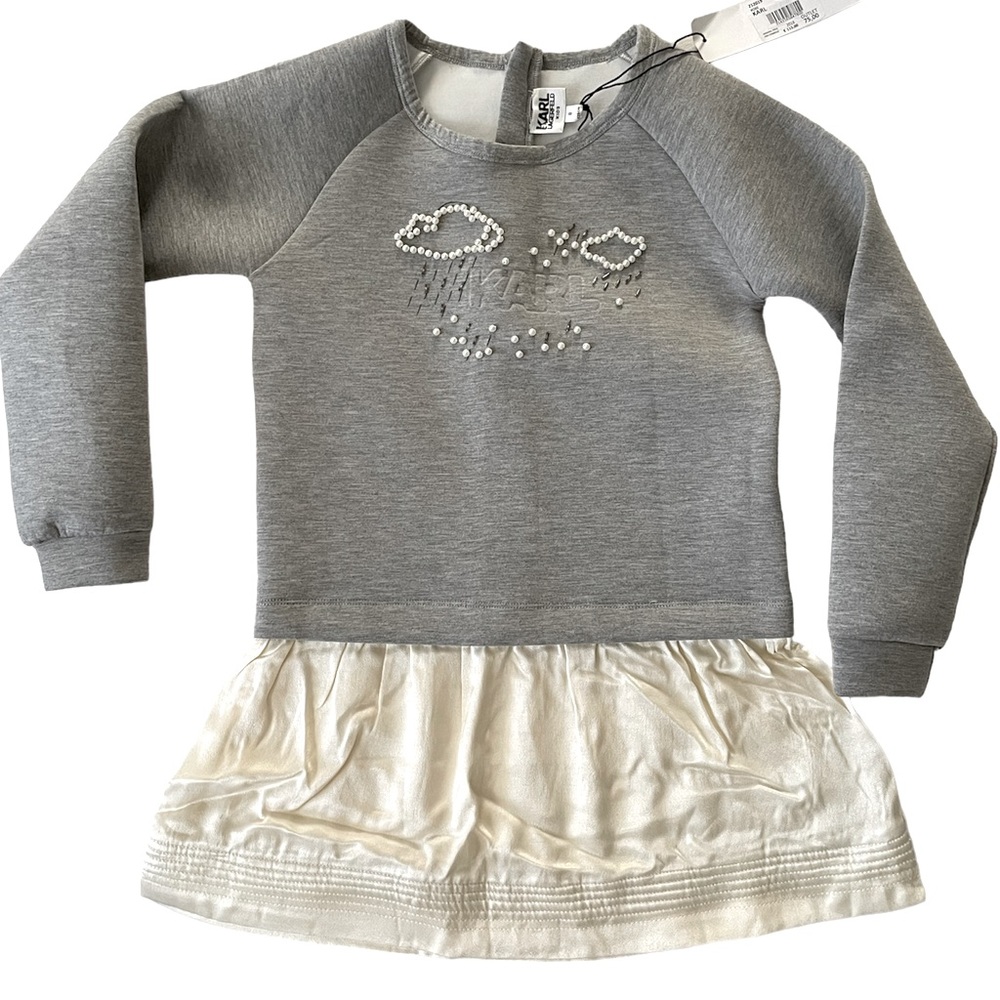 Karl Lagerfeld Kids dress Gray with pearls and silky ivory skirt.